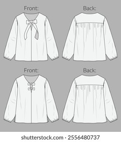 Woman V neck blouse with gathering detail fashion CAD, long balloon sleeved top with bow sketch, technical drawing, flat, template. Jersey or woven fabric blouse with front, back view, white color