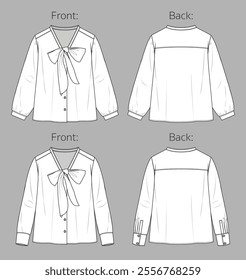 Woman V neck blouse with gathering detail fashion CAD, long balloon sleeved shirt with bow sketch, technical drawing, flat, template. Jersey or woven fabric blouse with front, back view, white color