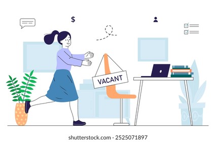 Woman with vacancy. Young girl runs to empty chair. Employment, headhunting and recruiting. Management and candidate selection. Linear vector illustration isolated on white background