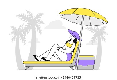 Woman at vacation linear. Young girl resting at beach under umbrella. Tourist in tropical and exotic countries. Character sunbathing at coastline. Doodle flat vector illustration