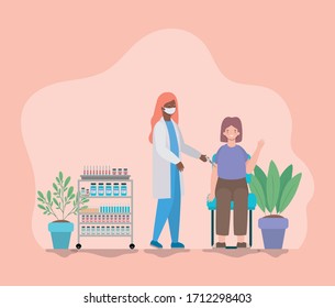 Woman vaccionation and doctor with mask against 2019 ncov virus design of Covid 19 cov infection disease symptoms and medical theme Vector illustration