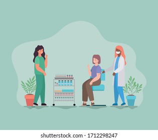 Woman vaccionation and doctors with mask against 2019 ncov virus design of Covid 19 cov infection disease symptoms and medical theme Vector illustration