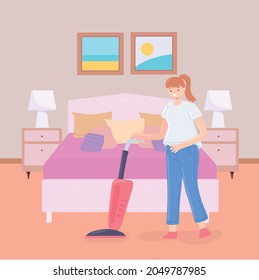 woman with vacuum in bedroom cleaning