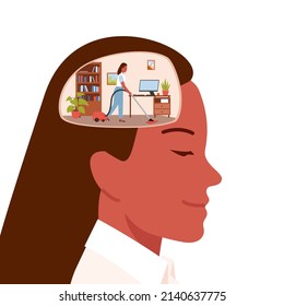 Woman with vacuum cleaner cleaning room inside female head vector illustration. Cartoon girl working to organize purification of inner space, detox of thoughts isolated on white. Clear mind concept