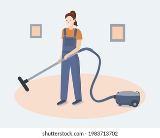 Woman with a vacuum cleaner. House cleaning, cleaning lady and janitor. Isolated background, flat illustration, vector. Carpet cleaning. Cleaning services.