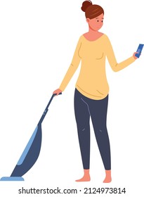 Woman with vacuum cleaner looking at smartphone screen isolated on white background