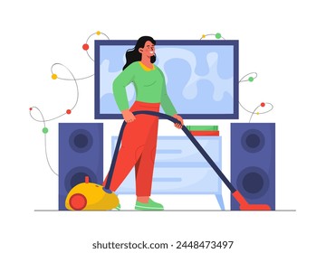 Woman with vacuum cleaner. Young girl at home or apartment. Household chores and routine. Cleanliness and hygiene indoors. Cartoon flat vector illustration isolated on white background