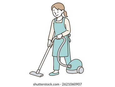 Mulher aspirando limpeza casa tarefas cotidianas fundo branco