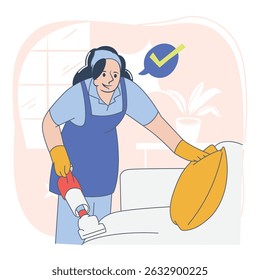 Sofá de vácuo da mulher, estilo plano de limpeza de serviço de ilustração