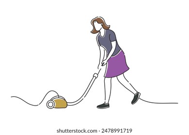 woman vacuuming, doodle continuous line art vector illustration.