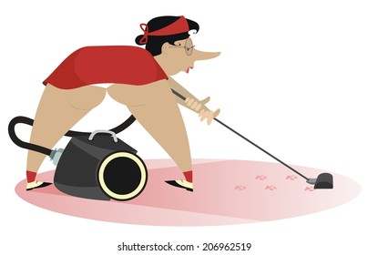 Woman vacuuming the floor with animal traces 