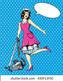 Woman vacuuming floor in house. Cleaning service concept vector illustration in retro comic pop art style.