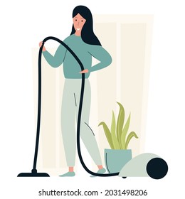 The woman is vacuuming the floor. Vector illustration isolated on white background in flat style.