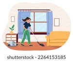 Woman vacuuming floor. Young girl cleaning apartment. Cleanliness and hygiene, routine and household chores. Home Activity, girl washing living room, housekeeping. Cartoon flat vector illustration