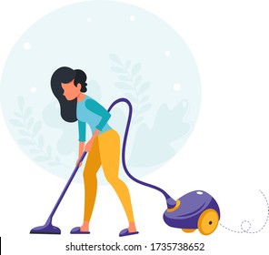 Woman is vacuuming. House cleaning concept. Housewife cleaning the house. Vector illustration in a flat style.