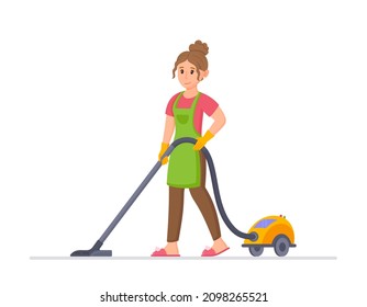 Woman vacuuming house. Young woman in apron holding vacuum cleaner. 