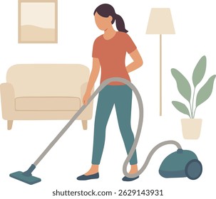 A woman vacuuming a living room with sofa, lamp and plant in flat style.