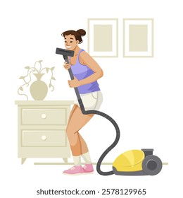 Woman vacuuming a room with a smile. Vector illustration