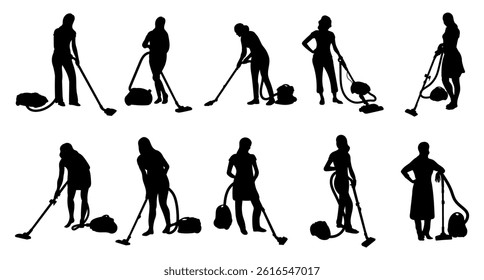 Woman vacuuming silhouette vector illustration set