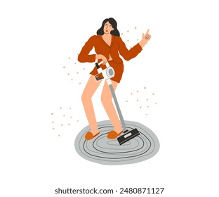 A woman vacuums a carpet. Cleaning, house, coziness. Vector illustration drawn in flat style.