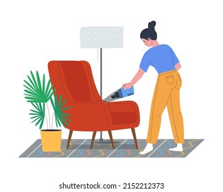 A woman vacuums a chair with a car vacuum cleaner. Cleaning in the apartment. Flat vector illustration. Eps10