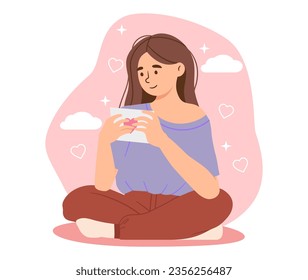 Woman with valentines card concept. Romance and love. Young girl with congratulations from her boyfriend. International holiday and festival. Person with letter. Cartoon flat vector illustration