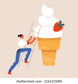 Woman with vanilla ice cream cone, tiny human character going up a ladder to huge icecream, vector cartoon illutration, foodie person