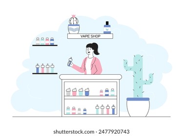 Woman in vape shop. Girl selling electronic cigarettes. Vaporizators and modern devices for smokers. Bad habits and unhealthy lifestyle. Linear flat vector illustration isolated on white background