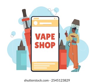 Mujer con tienda de vaporizadores. Muchacha joven cerca de cigarrillos electrónicos enormes y smartphone. Cocinar al vapor con sabor. Persona con vaporizadores y cigarrillos. Ilustración vectorial plana aislada sobre fondo blanco