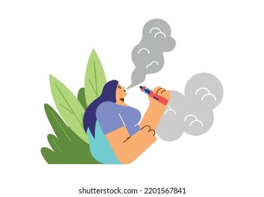 Woman vaping or smoking with vape or e-cigarette device, flat cartoon vector illustration isolated on white background. Electronic cigarette and vaping.