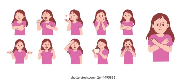 Woman with Various Activity, Gesture, and Pose. Woman Pointing Herself, Showing Refuse Gesture, Headache Sick, Sending A Kiss	