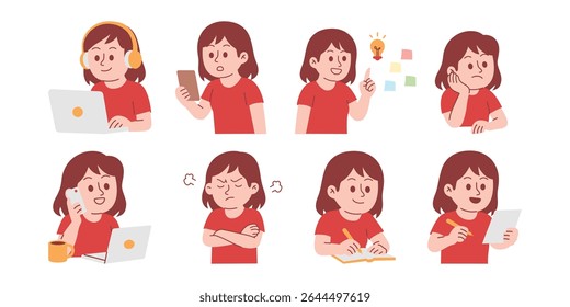 Woman with Various Activity, Gesture, and Pose. Woman Writing on Paper, Working with Laptop, Thinking, Has an Idea.	
