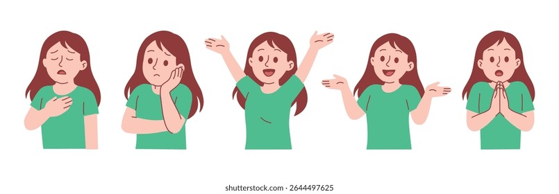 Woman with Various Activity, Gesture, and Pose. Woman Confused with Shrugging Gesture, Pensive, Express Relief