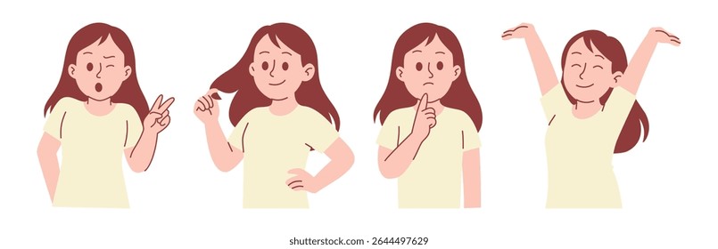 Woman with Various Activity, Gesture, and Pose. Woman doing Peace Sign, Twirling Hair, Thinking and Stretching Arms Up