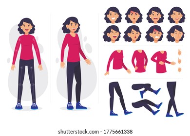 A woman in various clothes makes a presentation. Woman in various poses. Different emotions. Different silhouettes.
