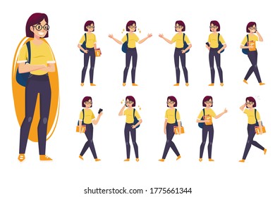 A woman in various clothes makes a presentation. Woman in various poses. Different emotions. Different silhouettes.