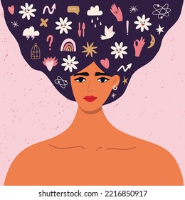 Woman with various emotions. Concept mental health and accepting yourself in various emotions. Self care idea in different states: love, anger, sadness, joy, happiness, longing, tears. Vector. 