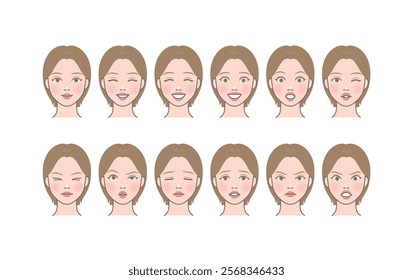 A woman of various expressions. Expressing emotions like happy, smiling, laughing, surprised, wondering, freak out, temptation, sadness, sorrowful, unhappy, angry, furious, upset, and madness