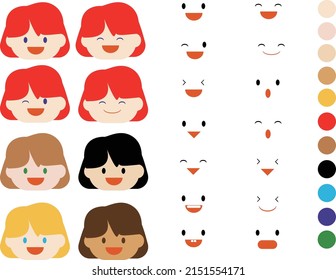 A woman with various facial expressions. It is drawn like an icon.