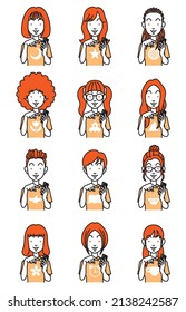 A woman with various hairstyles points to her smartphone and says, "This is awesome! " Simple illustration of a scene that appeals to the viewer with a face