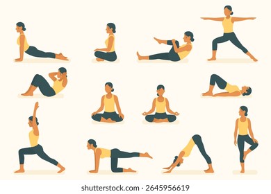 Woman in various poses including stretching, meditation, bridge, warrior, lunge, balance, downward dog, breathing, and core strength. Yoga and pilates practice for flexibility and focus