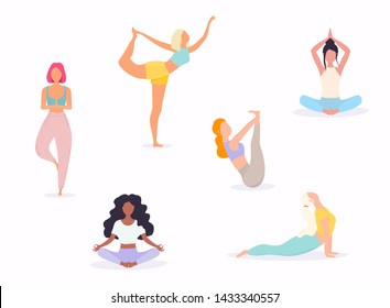 Woman in various poses of yoga. Shapes of woman doing yoga fitness workout. Set of yoga positions.