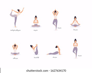 Woman in various poses of yoga. Shapes of woman doing yoga fitness workout. Set of yoga positions.