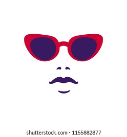 Woman vector face, fashion girl in sunglasses, sticker sign or icon, retro style. Vector illustration.