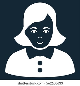 Woman vector icon. Flat white symbol. Pictogram is isolated on a dark blue background. Designed for web and software interfaces.