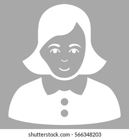 Woman vector icon. Flat white symbol. Pictogram is isolated on a silver background. Designed for web and software interfaces.