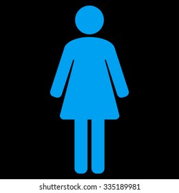 Woman vector icon. Style is flat symbol, blue color, rounded angles, black background.