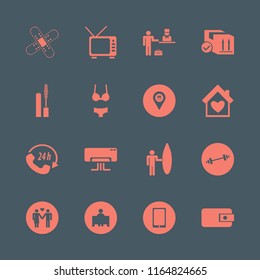 woman vector icons set. with check in hotel, purse, woman underwear and store location in set