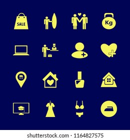 woman vector icons set. with evening dress, store location, check in hotel and house heart in set