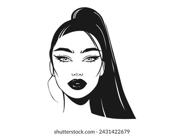 Woman Vector Illustration. Beautiful Girl with Long Black Hair and Plump Lips Portrait. Hand Drawn Female Beauty Face. Young Pretty Lady. Attractive Fashion Model.